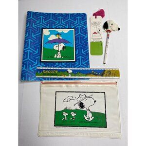Vintage Peanuts Snoopy School Supplies 5 Pc Set Binder Pencil Pouch Topper Ruler